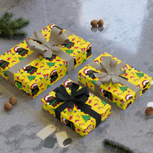 Load image into Gallery viewer, Happy Black Santa - Happy Holidays - Yellow Gift Wrapping Paper Roll - Wrapped Gifts Sample Image