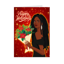 Load image into Gallery viewer, Happy Holidays Flowers - African American Woman - Black Card Shop (Dreadlocks Hairstyle) front