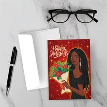 Load image into Gallery viewer, Happy Holidays Flowers - African American Woman - Black Card Shop (Dreadlocks Hairstyle) on a white surface