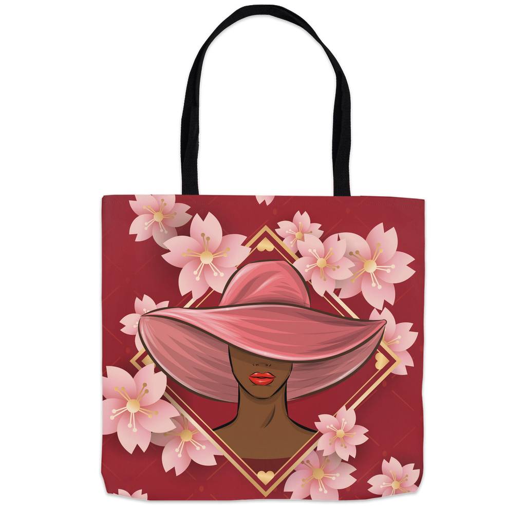 Hat Stylish African American Woman - Pink Red Floral Tote Bags Side B