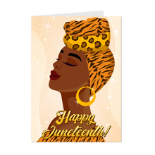 Load image into Gallery viewer, Head Held High - Animal Print Glam Turban - Smiling Black Woman - Happy Juneteenth Greeting Card