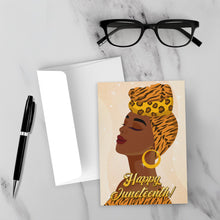 Load image into Gallery viewer, Head Held High - Animal Print Glam Turban - Smiling Black Woman - Happy Juneteenth Greeting Card