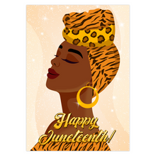 Load image into Gallery viewer, Head Held High - Animal Print Glam Turban - Smiling Black Woman - Happy Juneteenth Greeting Card