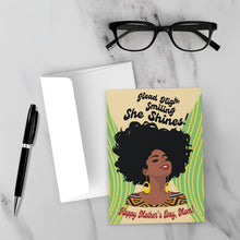 Load image into Gallery viewer, Head High Smiling She Shines - African American Mother - Black Card Shop Front with Sample Background
