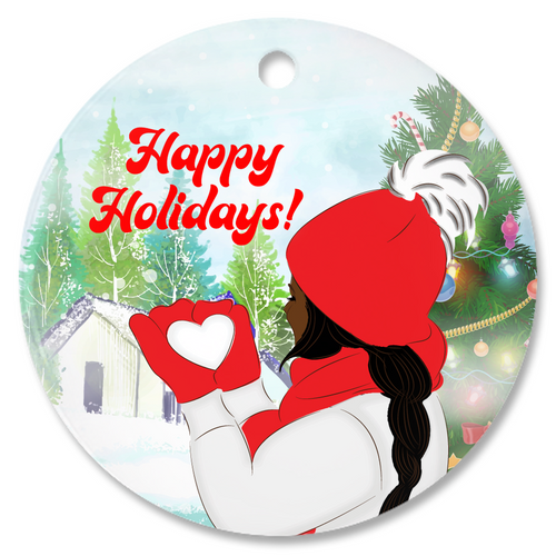 Heart-Shaped Snow - African American Girl - Happy Holidays Porcelain Ornament