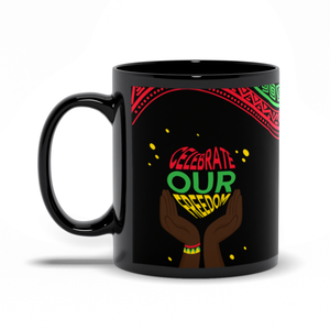 Heart Celebrate Our Freedom Juneteenth Coffee Mug Handle on the Left