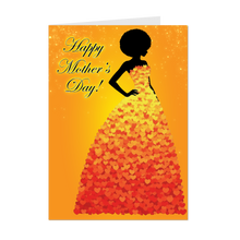 Load image into Gallery viewer, Heart Happy Mother's Day - African American Mom Greeting Card - Black Card Shop - Orange &amp; Red Hearts - Sunset Colors Gown - Afro Hairstyle