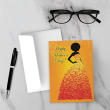 Load image into Gallery viewer, Heart Happy Mother's Day - African American Mom Greeting Card - Black Card Shop - Orange &amp; Red Hearts - Sunset Colors Gown - Afro Hairstyle