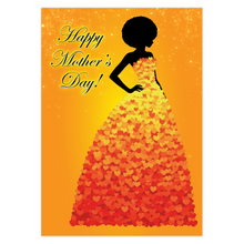 Load image into Gallery viewer, Heart Happy Mother's Day - African American Mom Greeting Card - Black Card Shop - Orange &amp; Red Hearts - Sunset Colors Gown - Afro Hairstyle