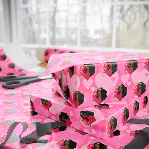 Heart Tiara, Butterflies & Hearts - African American Woman - Pink Gift Wrapping Paper - Wrapped Gifts