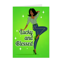 Load image into Gallery viewer, Jeans Lucky and Blessed - African American Woman - Gratitude - Birthday Card - St Patrick's Day - Green front