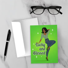 Load image into Gallery viewer, Jeans Lucky and Blessed - African American Woman - Gratitude - Birthday Card - St Patrick's Day - Green mockup