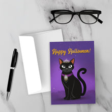 Load image into Gallery viewer, Jewelry Crown Fancy Black Cat - Happy Halloween Animal Greeting Card - Front (With Background)