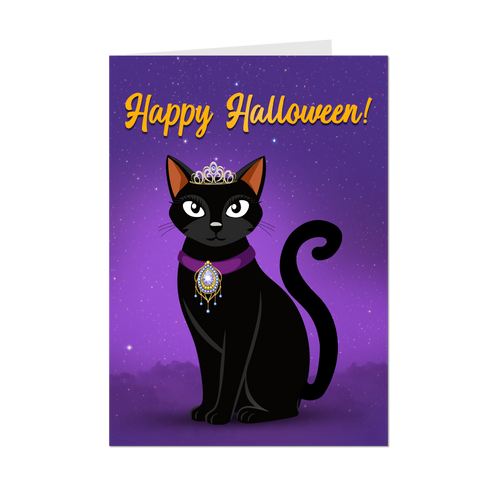 Jewelry Crown Fancy Black Cat - Happy Halloween Animal Greeting Card