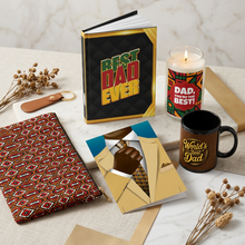 Load image into Gallery viewer, Royal Heritage Premium: Greeting Card + Coffee Mug + Hardcover Journal + Scented Candle + Accessory Bag — African American Father's Day Gift Set