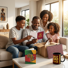 Load image into Gallery viewer, Style &amp; Legacy 4-Piece Gift Set: Greeting Card + Coffee Mug + Hardcover Journal + Accessory Bag — African American Father's Day Gift Set