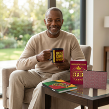 Load image into Gallery viewer, Style &amp; Legacy 4-Piece Gift Set: Greeting Card + Coffee Mug + Hardcover Journal + Accessory Bag — African American Father's Day Gift Set