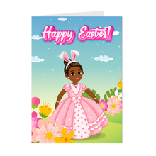 Load image into Gallery viewer, Little Girl Easter Bunny Ears - African American Girl - Black Card Shop - Flowers - Pink Dress