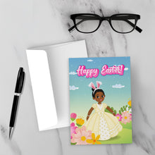 Load image into Gallery viewer, Little Girl Easter Bunny Ears - African American Girl - Black Card Shop - Flowers - Yellow Dress