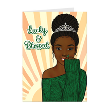 Load image into Gallery viewer, Lucky &amp; Blessed - African American Woman w/Tiara - Black Card Shop - Green Sweater - Sunshine - Braided Hairstyle front