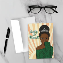 Load image into Gallery viewer, Lucky &amp; Blessed - African American Woman w/Tiara - Black Card Shop - Green Sweater - Sunshine - Braided Hairstyle mock up