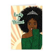 Load image into Gallery viewer, Lucky &amp; Blessed - African American Woman w/Tiara - Black Card Shop - Green Sweater - Sunshine - Curly Afro Hairstyle front