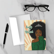 Load image into Gallery viewer, Lucky &amp; Blessed - African American Woman w/Tiara - Black Card Shop - Green Sweater - Sunshine - Curly Afro Hairstyle mock up