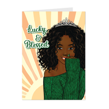 Load image into Gallery viewer, Lucky &amp; Blessed - African American Woman w/Tiara - Black Card Shop - Green Sweater - Sunshine - Curly Wavy Hairstyle front