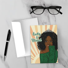 Load image into Gallery viewer, Lucky &amp; Blessed - African American Woman w/Tiara - Black Card Shop - Green Sweater - Sunshine - Curly Wavy Hairstyle mock up