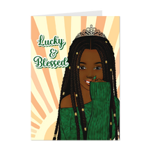 Load image into Gallery viewer, Lucky &amp; Blessed - African American Woman w/Tiara - Black Card Shop - Green Sweater - Sunshine - Dreadlocks Hairstyle front