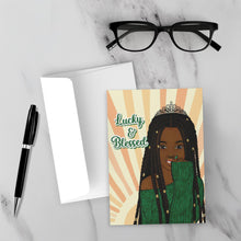 Load image into Gallery viewer, Lucky &amp; Blessed - African American Woman w/Tiara - Black Card Shop - Green Sweater - Sunshine - Dreadlocks Hairstyle mock up