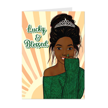 Load image into Gallery viewer, Lucky &amp; Blessed - African American Woman w/Tiara - Black Card Shop - Green Sweater - Sunshine front