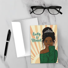 Load image into Gallery viewer, Lucky &amp; Blessed - African American Woman w/Tiara - Black Card Shop - Green Sweater - Sunshine mock up