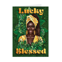 Load image into Gallery viewer, Lucky &amp; Blessed - Smiling Black Woman - Gratitude Greeting Cards - Shades of Green - Dreadlocks Hairstyle front