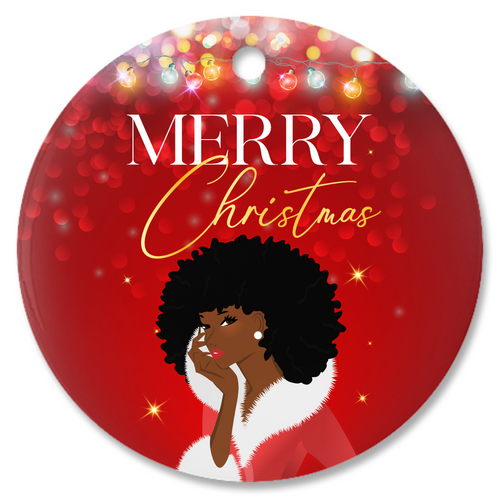 Merry Christmas - African American Woman - Porcelain Christmas Ornaments (Curly Hair)