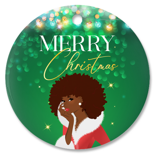 Merry Christmas - African American Woman - Porcelain Christmas Ornaments (Green)