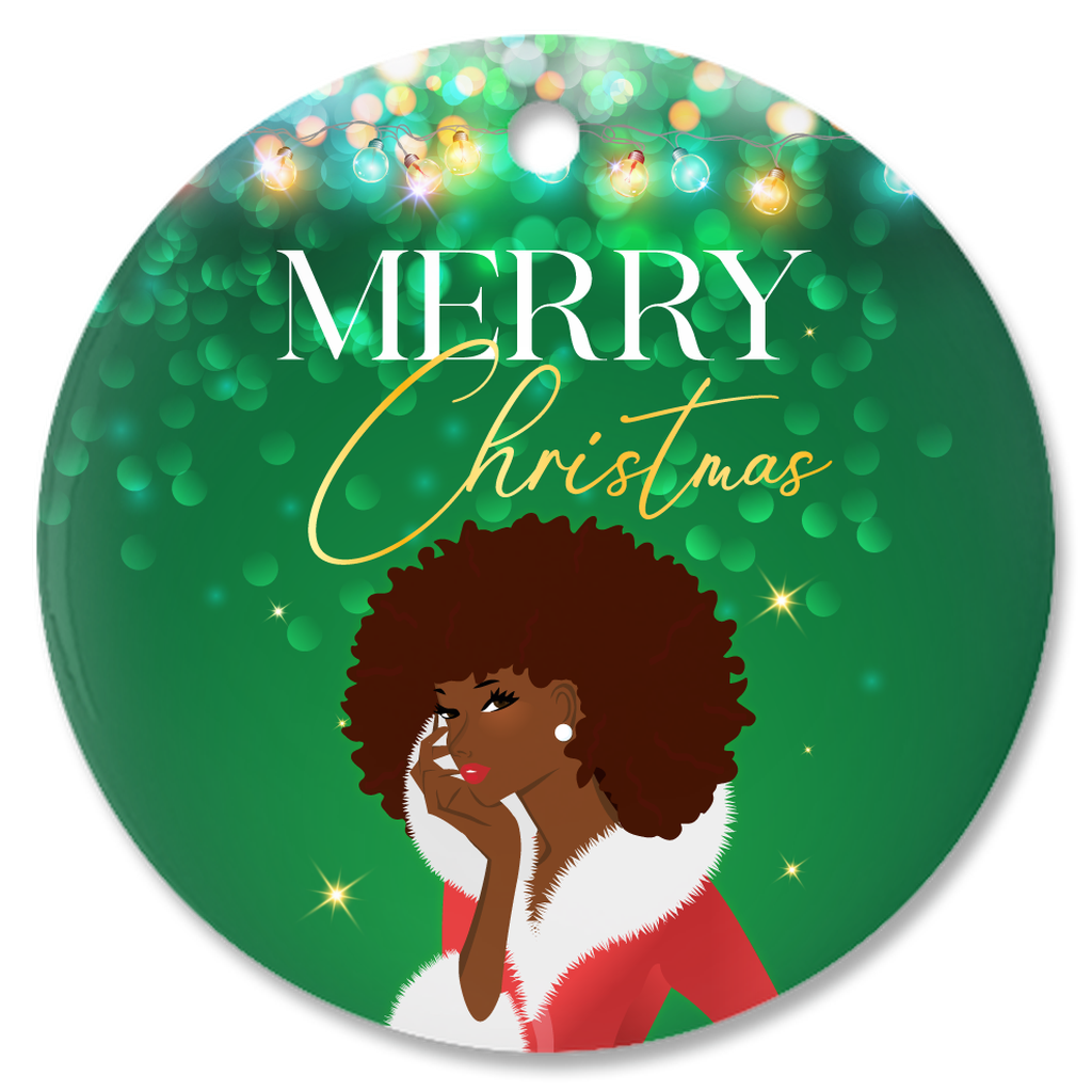 Merry Christmas - African American Woman - Porcelain Christmas Ornaments (Green)