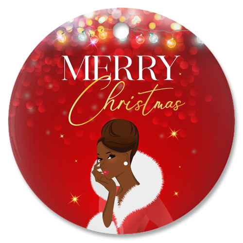 Merry Christmas - African American Woman - Porcelain Christmas Ornaments (Updo Hair Style)
