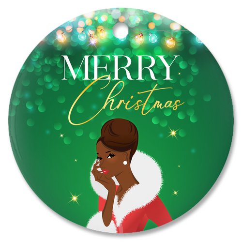 Merry Christmas - African American Woman - Porcelain Christmas Ornaments (Updo Hair Style | Green)