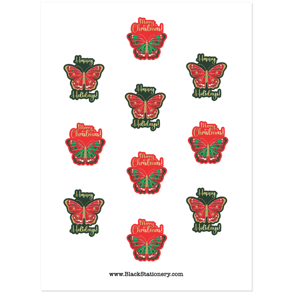 Merry Christmas & Happy Holidays Butterfly Sticker Set - Sample Image