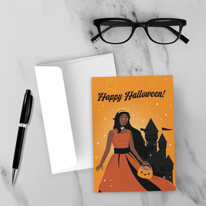 Orange & Black Princess & Castle - African American Girl - Happy Halloween Greeting Card - Front (With Background)