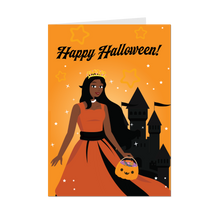 Load image into Gallery viewer, Orange &amp; Black Princess &amp; Castle - African American Girl - Happy Halloween Greeting Card