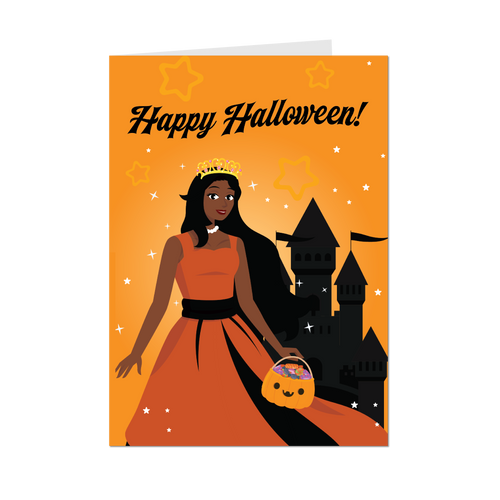 Orange & Black Princess & Castle - African American Girl - Happy Halloween Greeting Card