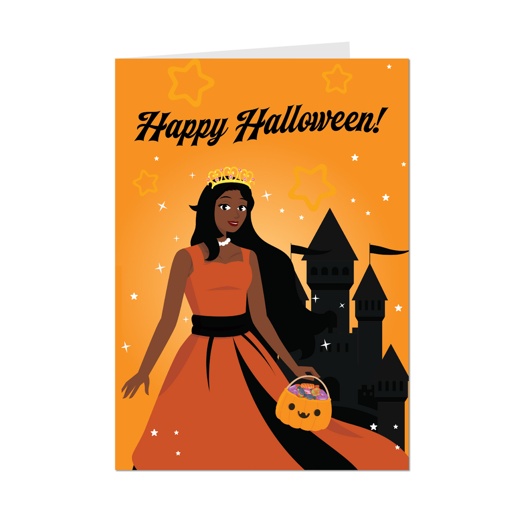 Orange & Black Princess & Castle - African American Girl - Happy Halloween Greeting Card