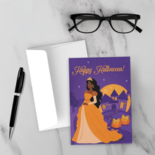 Load image into Gallery viewer, Orange &amp; Black Princess, Fancy Pumpkins &amp; Castle - Happy Halloween Greeting Card - Front (With Background)