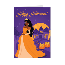 Load image into Gallery viewer, Orange &amp; Black Princess, Fancy Pumpkins &amp; Castle - Happy Halloween Greeting Card