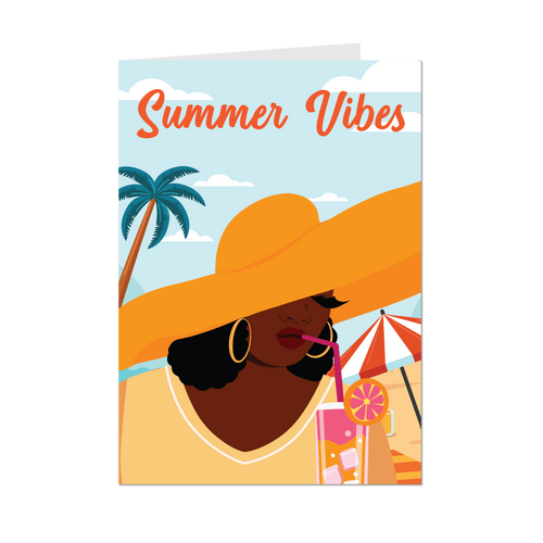 Oversized Sun Hat - Summer Vibes - Stylish Black Woman Greeting Cards - Front