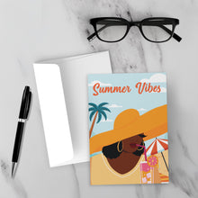 Load image into Gallery viewer, Oversized Sun Hat - Summer Vibes - Stylish Black Woman Greeting Cards - Front (With Background)