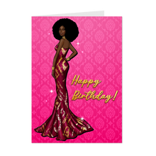 Load image into Gallery viewer, Pink Card - Red &amp; Gold Gown - Glam Birthday Girl - African American Woman - Happy Birthday Card Shop - Afro Hairstyle