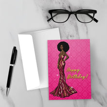Load image into Gallery viewer, Pink Card - Red &amp; Gold Gown - Glam Birthday Girl - African American Woman - Happy Birthday Card Shop - Afro Hairstyle